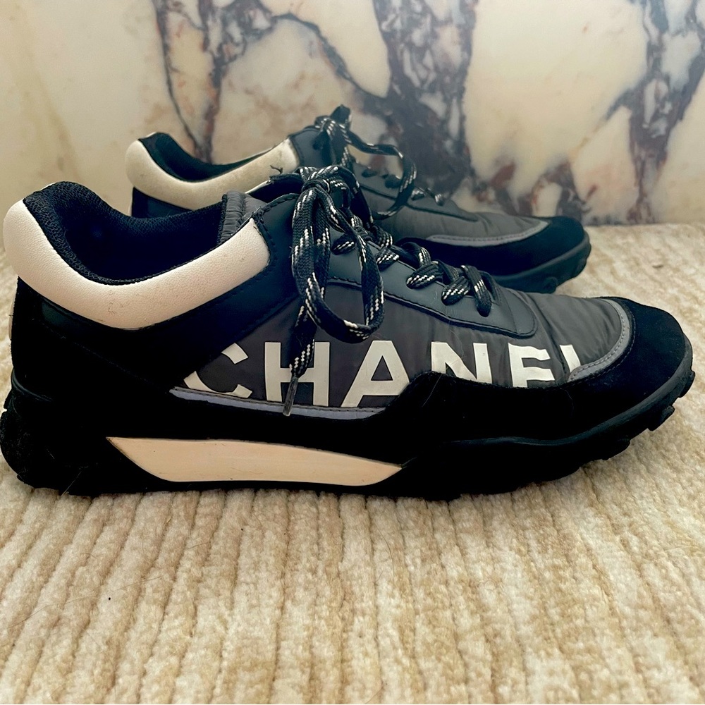 Chanel Black Nylon And Suede Reflective Sneakers, Size 38.5